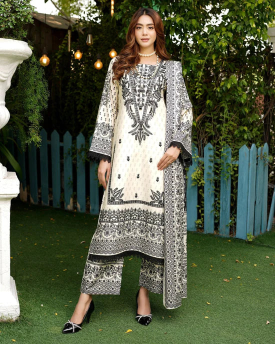 3 Piece Embroidered Linen - Black & White