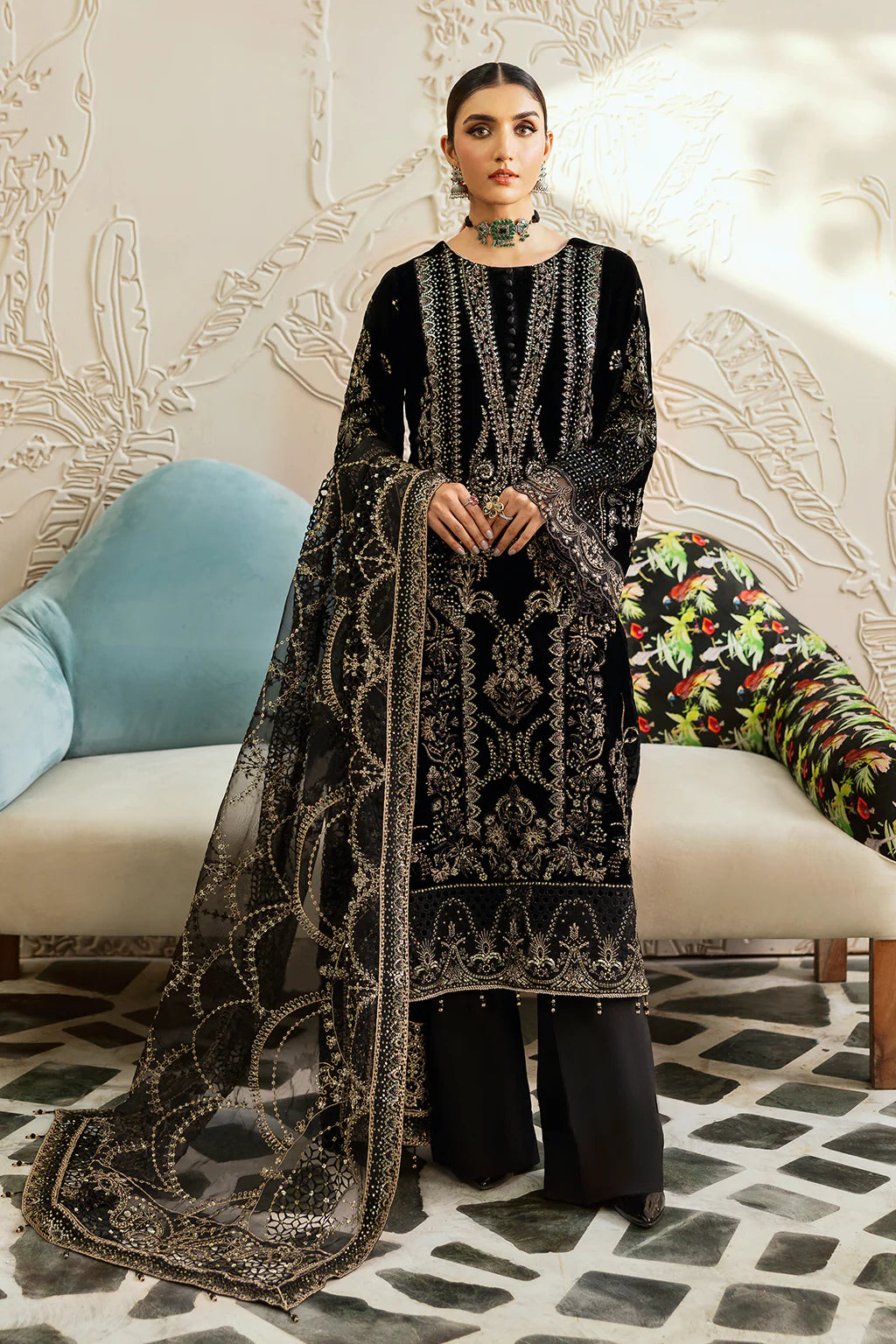 Black - Fancy Embroidered Velvet - V-603