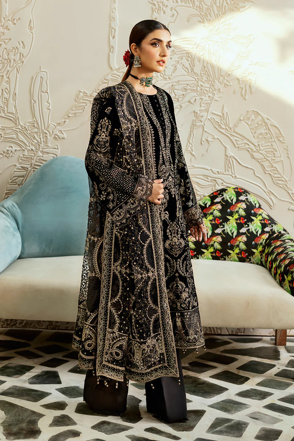 Black - Fancy Embroidered Velvet - V-603