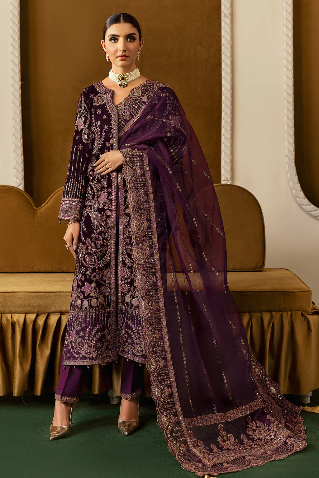 Plum - Fancy Embroidered Velvet - V-605