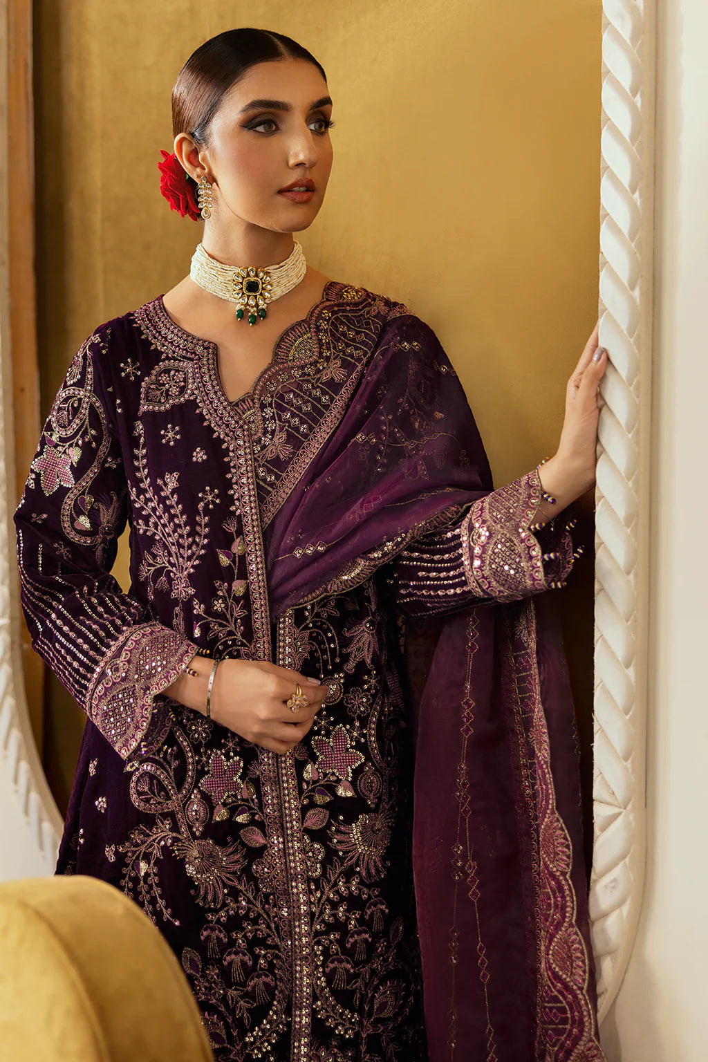 Plum - Fancy Embroidered Velvet - V-605