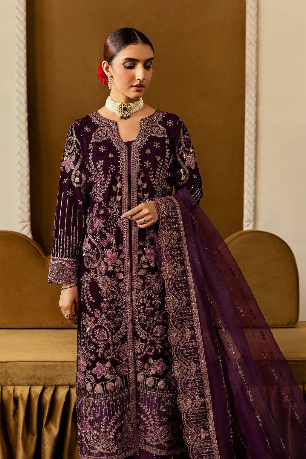 Plum - Fancy Embroidered Velvet - V-605