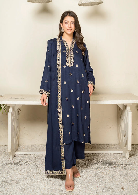 3 Piece Tilla Embroidered Khaddar - Blu-Y-03